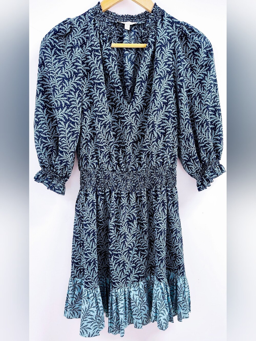 NWOT Joie Blue Leafy Floral Puff Sleeve V-Neck Dress Sz XXS